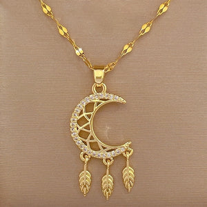 Titanium Steel Copper Casual Plating Hollow Out Inlay Dreamcatcher Moon Zircon Pendant Necklace