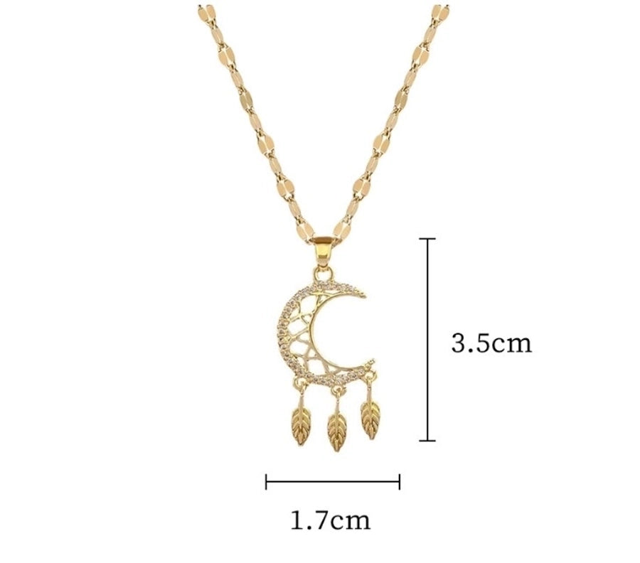 Titanium Steel Copper Casual Plating Hollow Out Inlay Dreamcatcher Moon Zircon Pendant Necklace